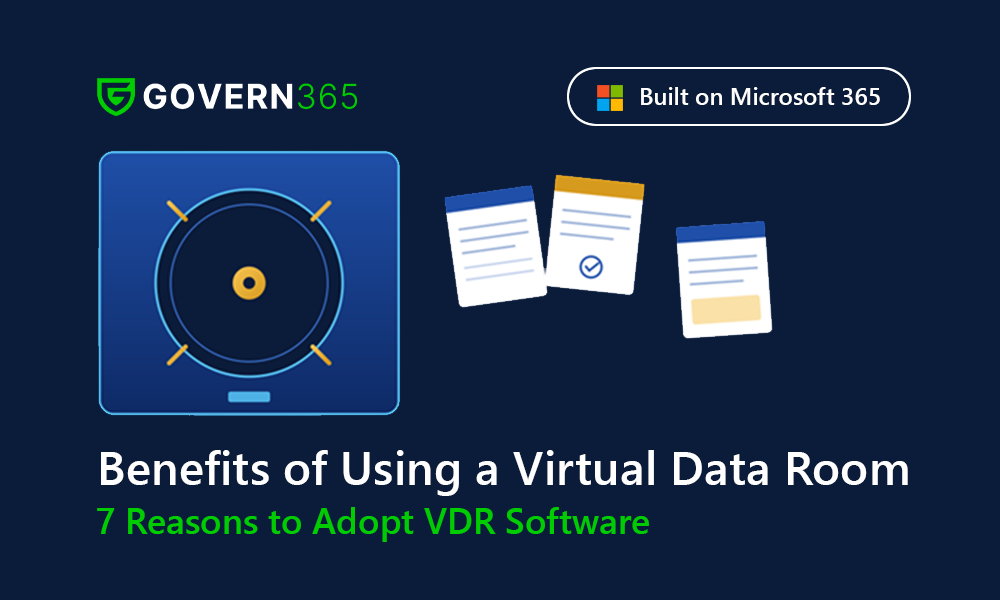 Virtual data room shown as a secure digital vault built on Microsoft 365 with Govern 365 branding